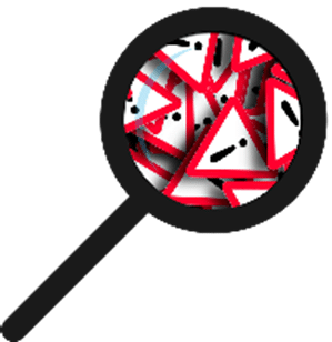 black magnifying glass looking at caution signs